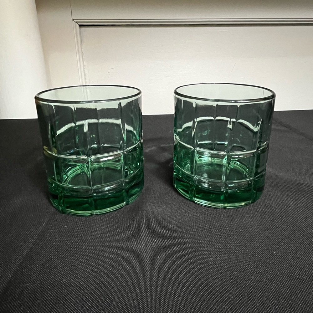 Vintage pair Anchor Hocking lowball glasses green tartan